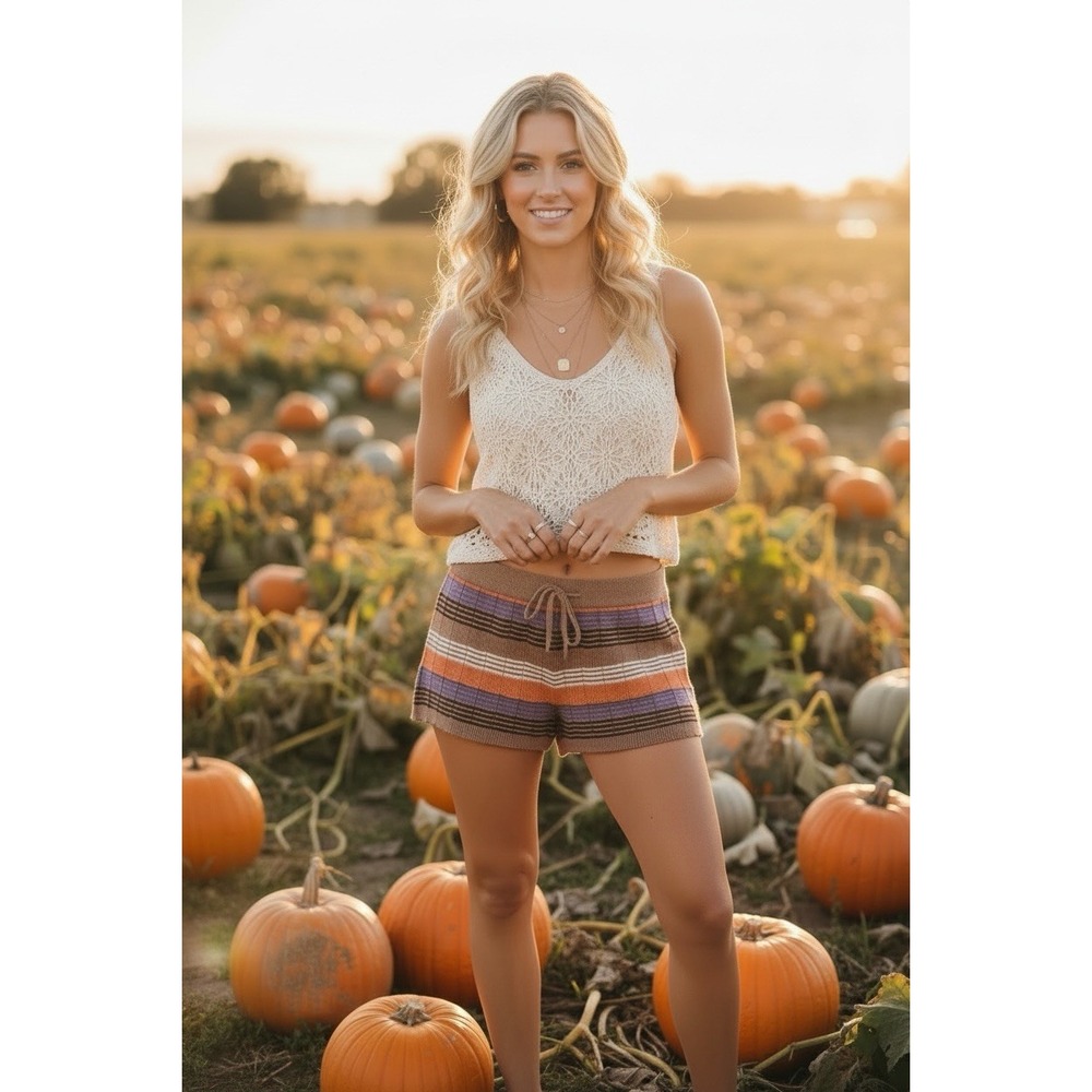 Auguste The Label Macey Crochet Shorts Stripe Size 8 US Large AU Tan Orange New